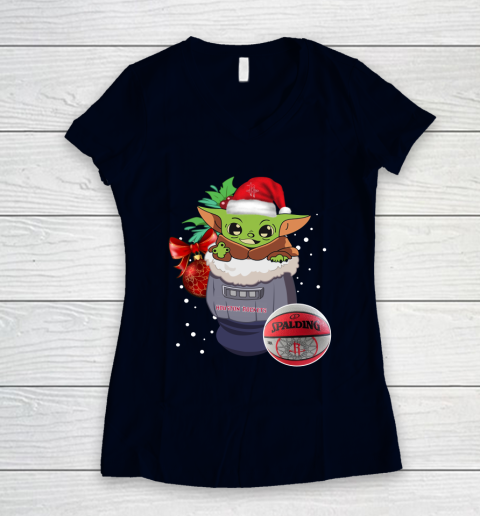 Houston Rockets Christmas Baby Yoda Star Wars Funny Happy NBA Women's V-Neck T-Shirt 3