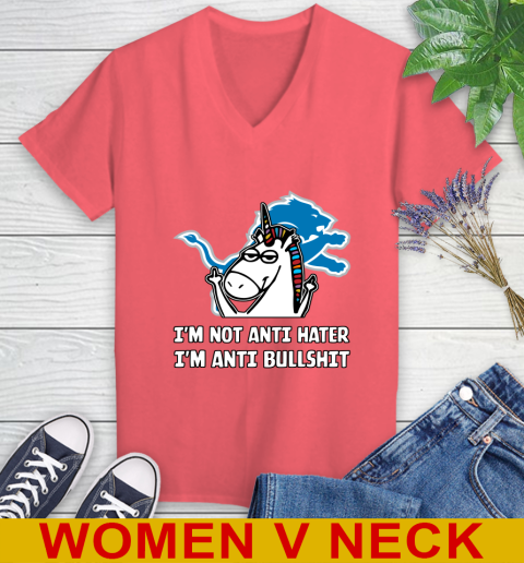Detroit Lions NFL Football Unicorn I'm Not Anti Hater I'm Anti Bullshit Women's V-Neck T-Shirt 7