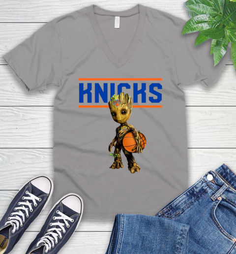 New York Knicks NBA Basketball Groot Marvel Guardians Of The Galaxy V-Neck T-Shirt 4