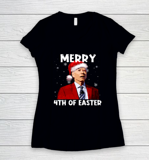 Joe Biden Santa Hat Merry 4th Of Easter Christmas Funny Women's V-Neck T-Shirt