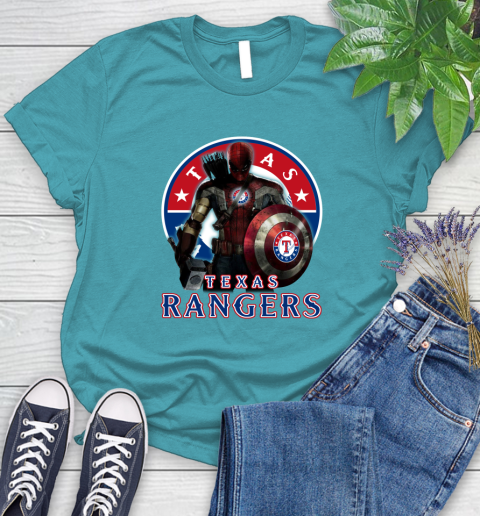 MLB Captain America Thor Spider Man Hawkeye Avengers Endgame Baseball Texas Rangers Women's T-Shirt 12