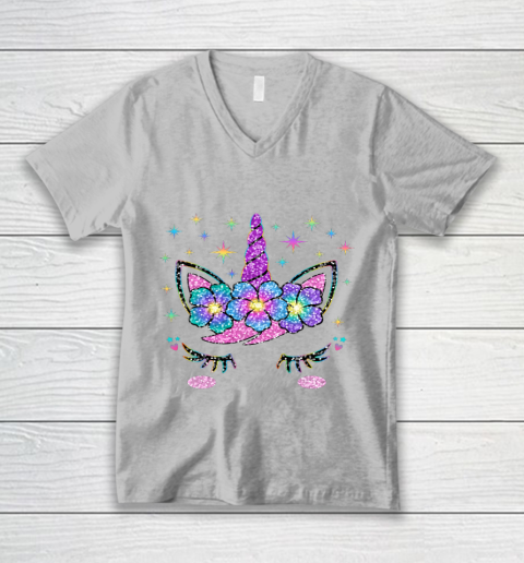 Unicorn Costume Rainbow Face Girls V-Neck T-Shirt 2