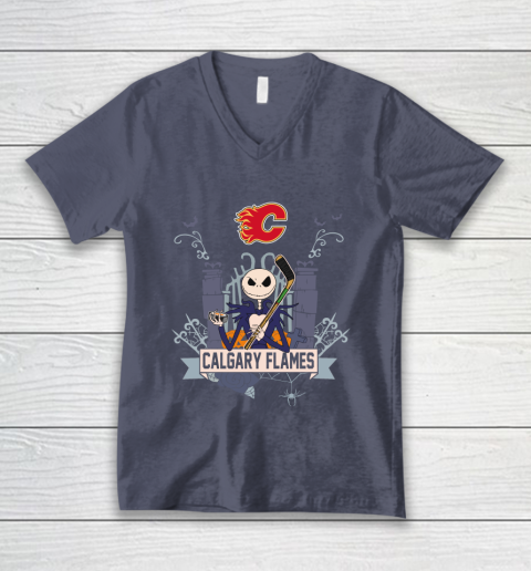 NHL Calgary Flames Hockey Jack Skellington Halloween V-Neck T-Shirt 7