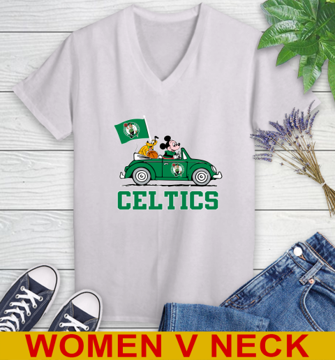 NBA Basketball Boston Celtics Pluto Mickey Driving Disney Shirt Women's V-Neck T-Shirt