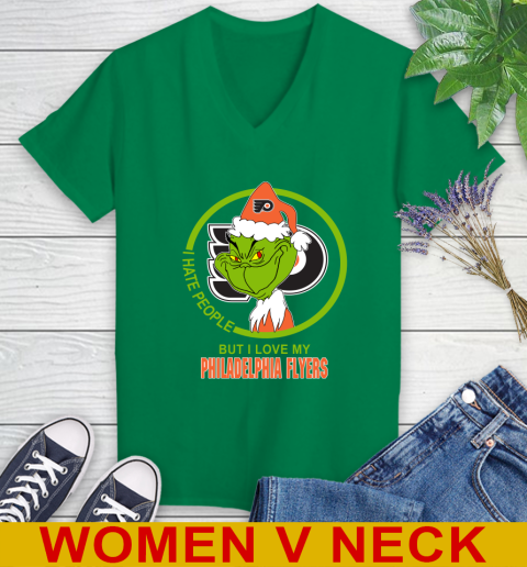Philadelphia Flyers NHL Christmas Grinch I Hate People But I Love My Favorite Hockey Team Women's V-Neck T-Shirt 6