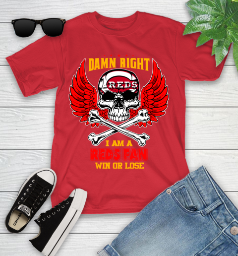 MLB Damn Right I Am A Cincinnati Reds Win Or Lose Skull Baseball Sports Youth T-Shirt 13