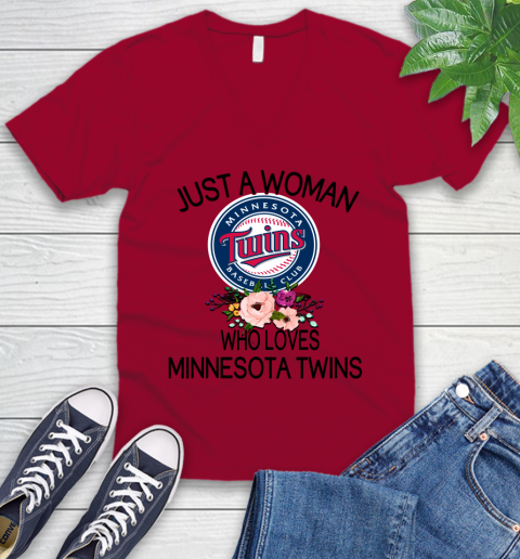 MLB Just A Woman Who Loves Minnesota Twins Baseball Sports V-Neck T-Shirt 5