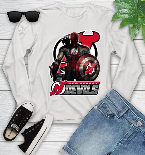 NHL Captain America Thor Spider Man Hawkeye Avengers Endgame Hockey New Jersey Devils Youth Long Sleeve