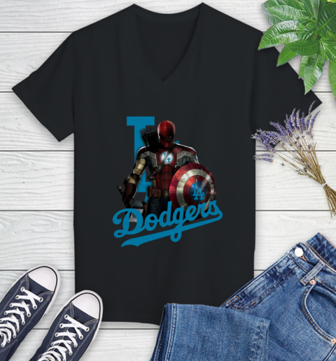 MLB Captain America Thor Spider Man Hawkeye Avengers Endgame Baseball Los Angeles Dodgers Women's V-Neck T-Shirt 2