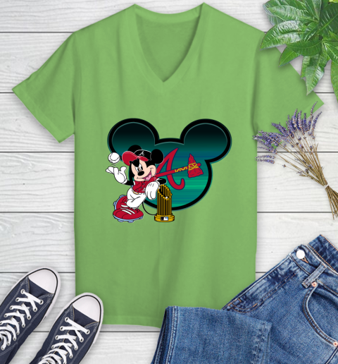 MLB Atlanta Braves The Commissioner's Trophy Mickey Mouse Disney Women's V-Neck T-Shirt 11
