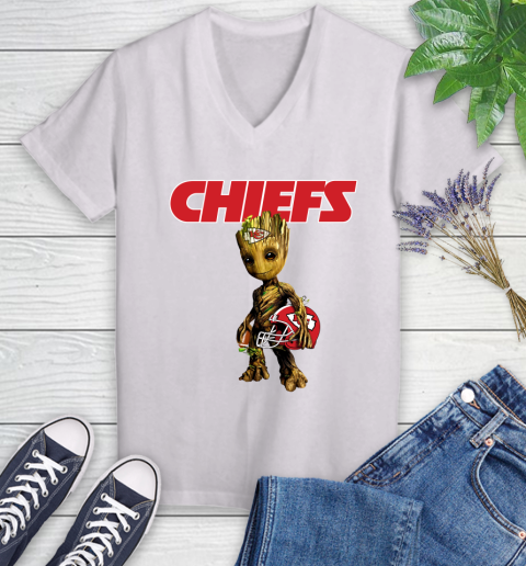 Kansas City Chiefs NFL Football Groot Marvel Guardians Of The Galaxy Women's V-Neck T-Shirt