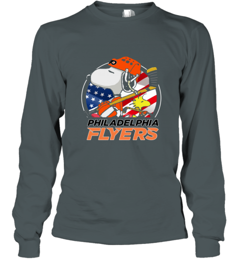 zldn philadelphia flyers snoopy and woodstock nhl long sleeve tee 14 front dark heather