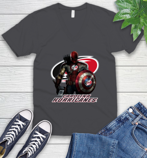 NHL Captain America Thor Spider Man Hawkeye Avengers Endgame Hockey Carolina Hurricanes V-Neck T-Shirt 5