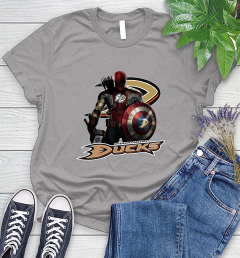 NHL Captain America Thor Spider Man Hawkeye Avengers Endgame Hockey Anaheim Ducks Women's T-Shirt 5