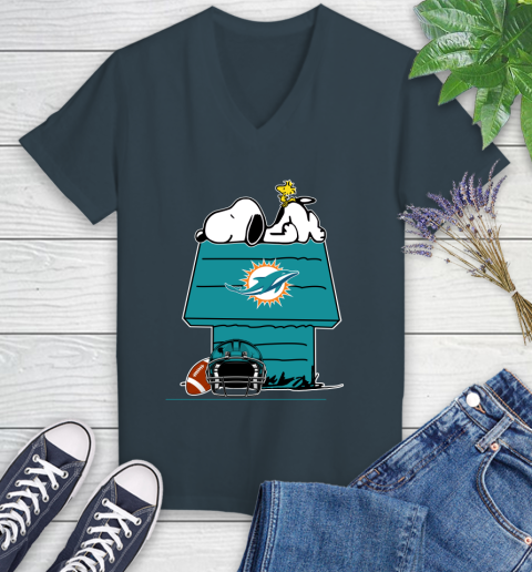 Miami Dolphins NFL Football Snoopy Woodstock The Peanuts Movie Women's V-Neck T-Shirt 8