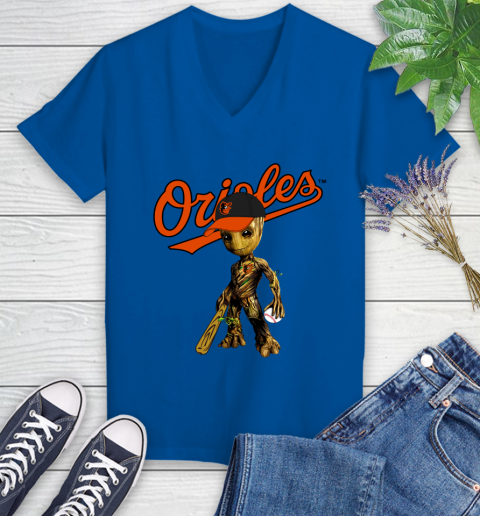 MLB Baltimore Orioles Groot Guardians Of The Galaxy Baseball Women's V-Neck T-Shirt 10