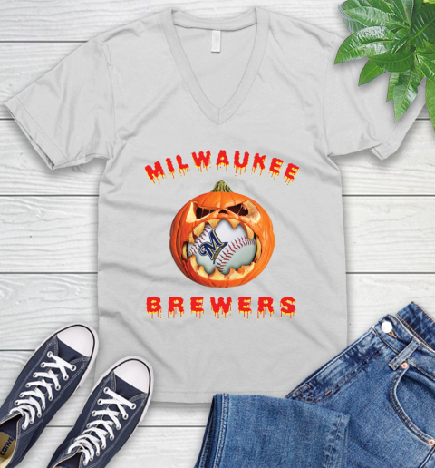 MLB Milwaukee Brewers Halloween Pumpkin Baseball Sports V-Neck T-Shirt