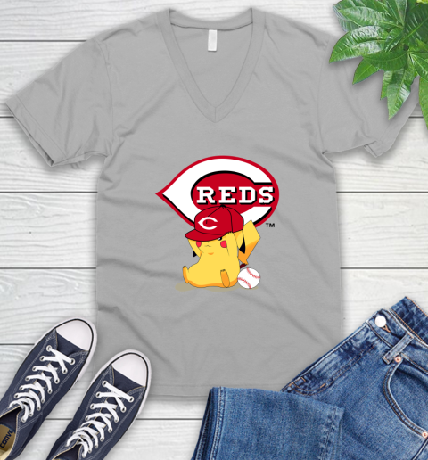 MLB Pikachu Baseball Sports Cincinnati Reds V-Neck T-Shirt 4