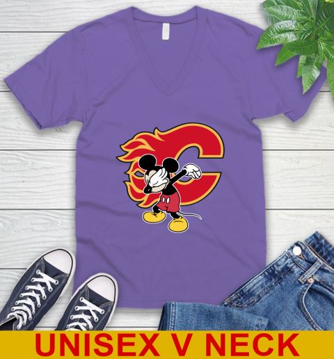 Calgary Flames NHL Hockey Dabbing Mickey Disney Sports V-Neck T-Shirt 9