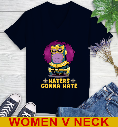 NFL Football New Orleans Saints Haters Gonna Hate Thanos Minion Marvel Shirt Women's V-Neck T-Shirt 3