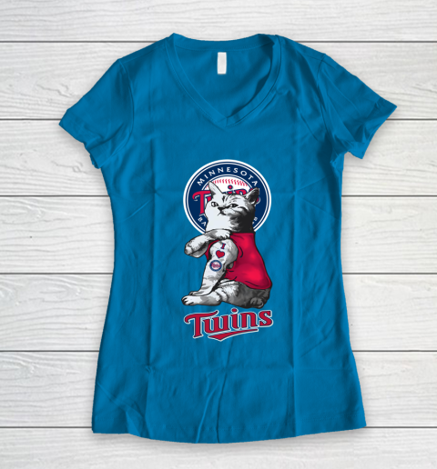 MLB Baseball My Cat Loves Minnesota Twins Women's V-Neck T-Shirt 5