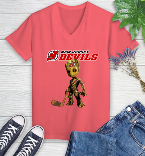 New Jersey Devils NHL Hockey Groot Marvel Guardians Of The Galaxy Women's V-Neck T-Shirt 6