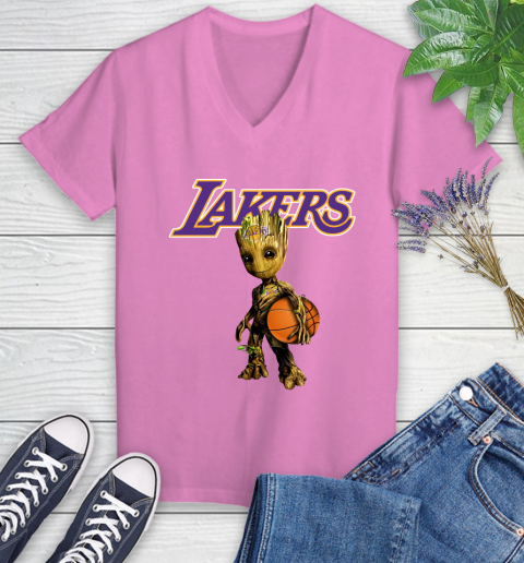Los Angeles Lakers NBA Basketball Groot Marvel Guardians Of The Galaxy Women's V-Neck T-Shirt 14