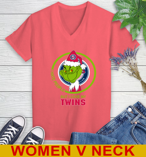 Minnesota Twins MLB Christmas Grinch I Hate People But I Love My Favorite Baseball Team Women's V-Neck T-Shirt 7