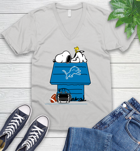 Detroit Lions NFL Football Snoopy Woodstock The Peanuts Movie V-Neck T-Shirt