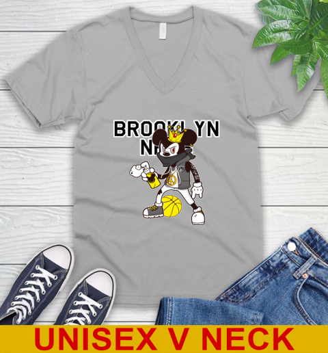Brooklyn Nets NBA Basketball Mickey Peace Sign Sports V-Neck T-Shirt - Image 5