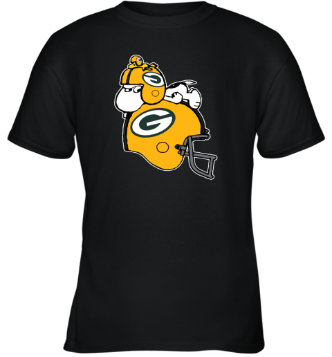 Snoopy And Woodstock Resting On Green Bay Packers Helmet Youth T-Shirt
