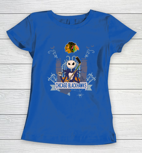 NHL Chicago Blackhawks Hockey Jack Skellington Halloween Women's T-Shirt 8