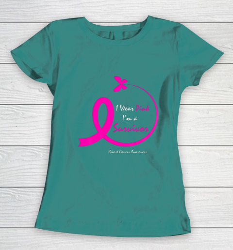 Womens Butterfly I Wear Pink I m A Survivor Breast Cancer Awareness Women's T-Shirt 10