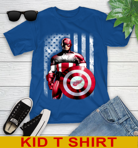Detroit Red Wings NHL Hockey Captain America Marvel Avengers American Flag Shirt Youth T-Shirt 10