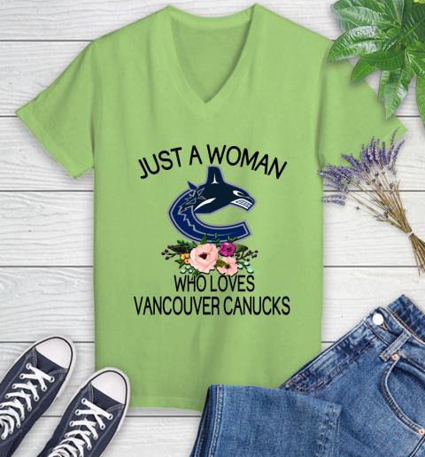 NHL Just A Woman Who Loves Vancouver Canucks Hockey Sports Women's V-Neck T-Shirt 6