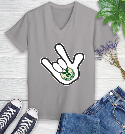 Milwaukee Bucks NBA Basketball Mickey Rock Hand Disney Women's V-Neck T-Shirt 4