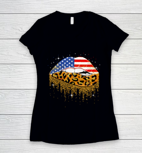 Women's American Flag Leopard Lips 4th Of July USA Mouth Women's V-Neck T-Shirt