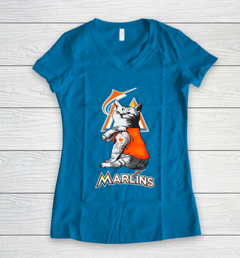 MLB Baseball My Cat Loves Miami Marlins Women's V-Neck T-Shirt 5