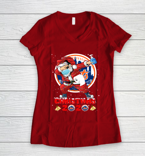 New York Mets Funny Santa Claus Dabbing Christmas 2020 MLB Women's V-Neck T-Shirt 8