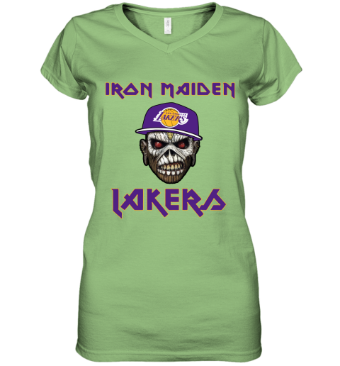 h1ur nba los angeles lakers iron maiden rock band music basketball women v neck t shirt 39 front lime