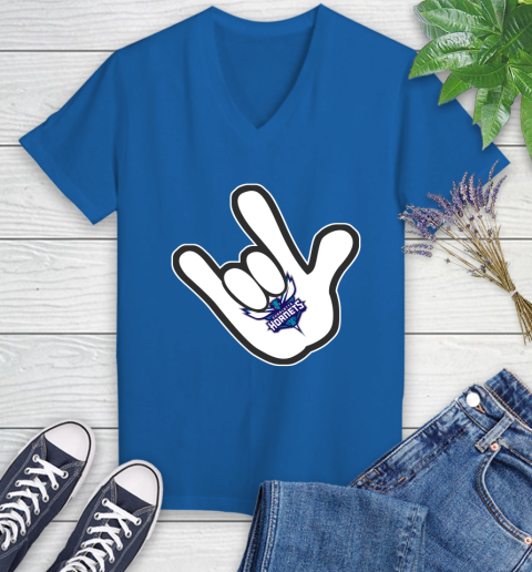 Charlotte Hornets NBA Basketball Mickey Rock Hand Disney Women's V-Neck T-Shirt 10
