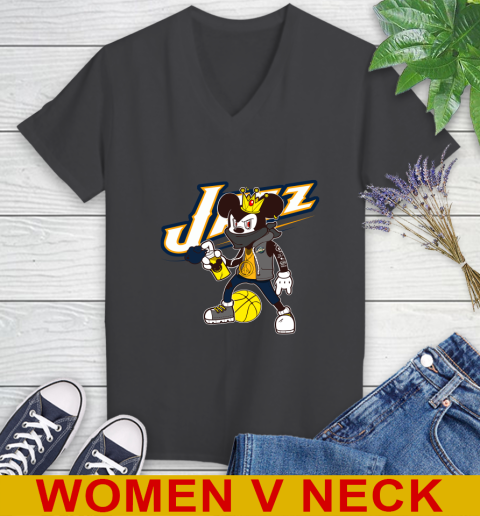 Utah Jazz NBA Basketball Mickey Peace Sign Sports Women's V-Neck T-Shirt 9