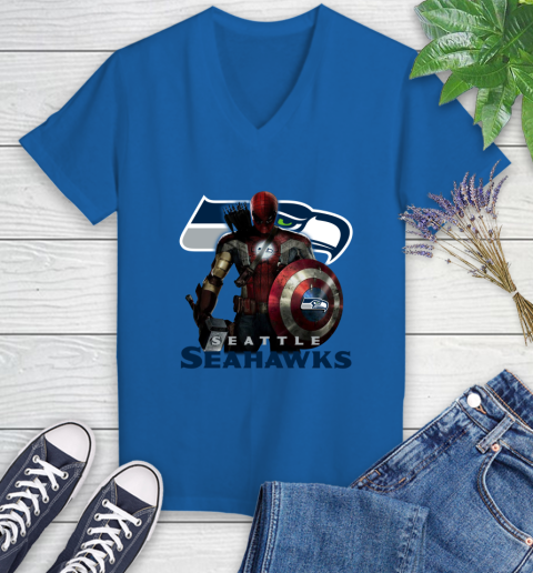 NFL Captain America Thor Spider Man Hawkeye Avengers Endgame Football Seattle Seahawks Women's V-Neck T-Shirt 10