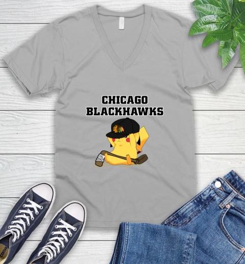 NHL Pikachu Hockey Sports Chicago Blackhawks V-Neck T-Shirt 4