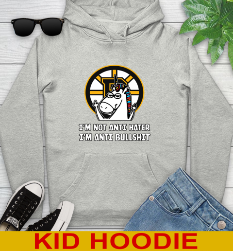 Boston Bruins NHL Hockey Unicorn I'm Not Anti Hater I'm Anti Bullshit Youth Hoodie