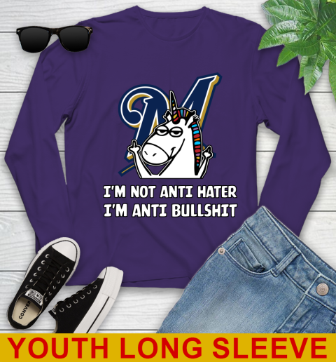 Milwaukee Brewers MLB Baseball Unicorn I'm Not Anti Hater I'm Anti Bullshit Youth Long Sleeve 5