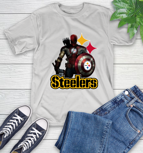 NFL Captain America Thor Spider Man Hawkeye Avengers Endgame Football Pittsburgh Steelers T-Shirt