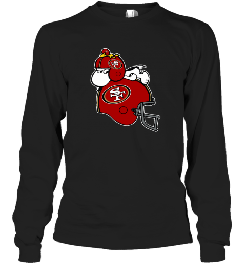 tr6s snoopy and woodstock resting on san francisco 49ers helmet long sleeve tee 14 front black