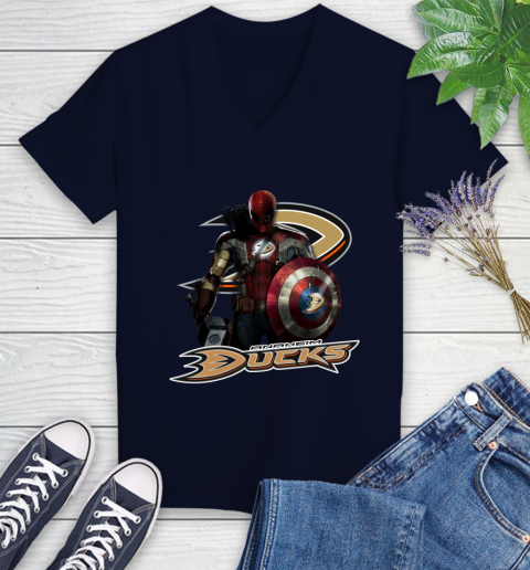 NHL Captain America Thor Spider Man Hawkeye Avengers Endgame Hockey Anaheim Ducks Women's V-Neck T-Shirt 3