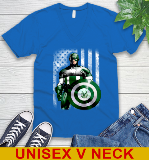 Milwaukee Bucks NBA Basketball Captain America Marvel Avengers American Flag Shirt V-Neck T-Shirt 5